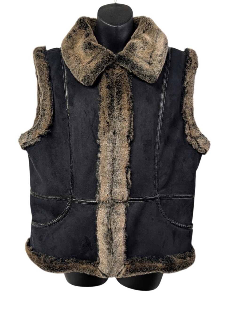 Sharon Young Black Faux Suede Vest Faux Fur Trim Collar Size L Shearling Style